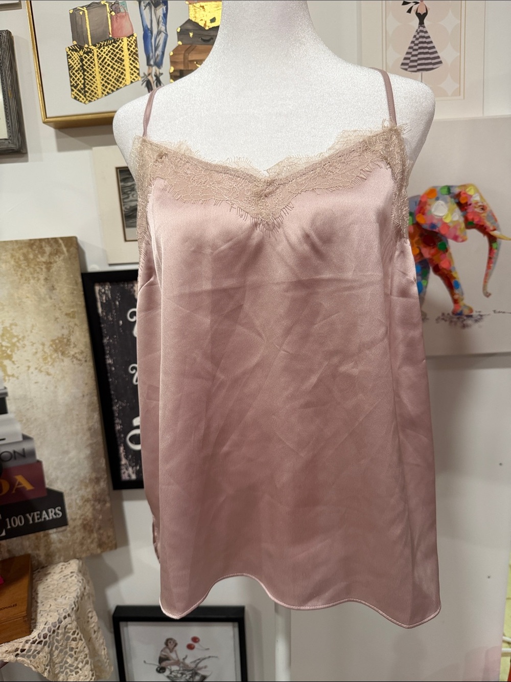 Anthropologie Blush Pink Lace-Trim Satin Cami